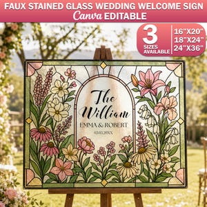 Può includere: Un cartello di benvenuto per matrimoni rettangolare in finto vetro colorato con un bordo floreale di fiori rosa, gialli e bianchi. Il testo centrale recita The William, EMMA & ROBERT e 03.03.20XX. Disponibile in 41x51, 46x61 e 61x91 cm.
