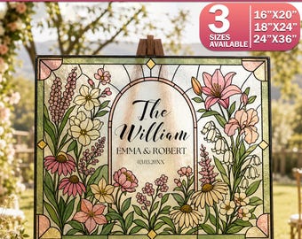 Last Name Wedding Sign Canva Template, Wildflower Faux Stained Glass Acrylic Keepsake, Editable DIY Sign