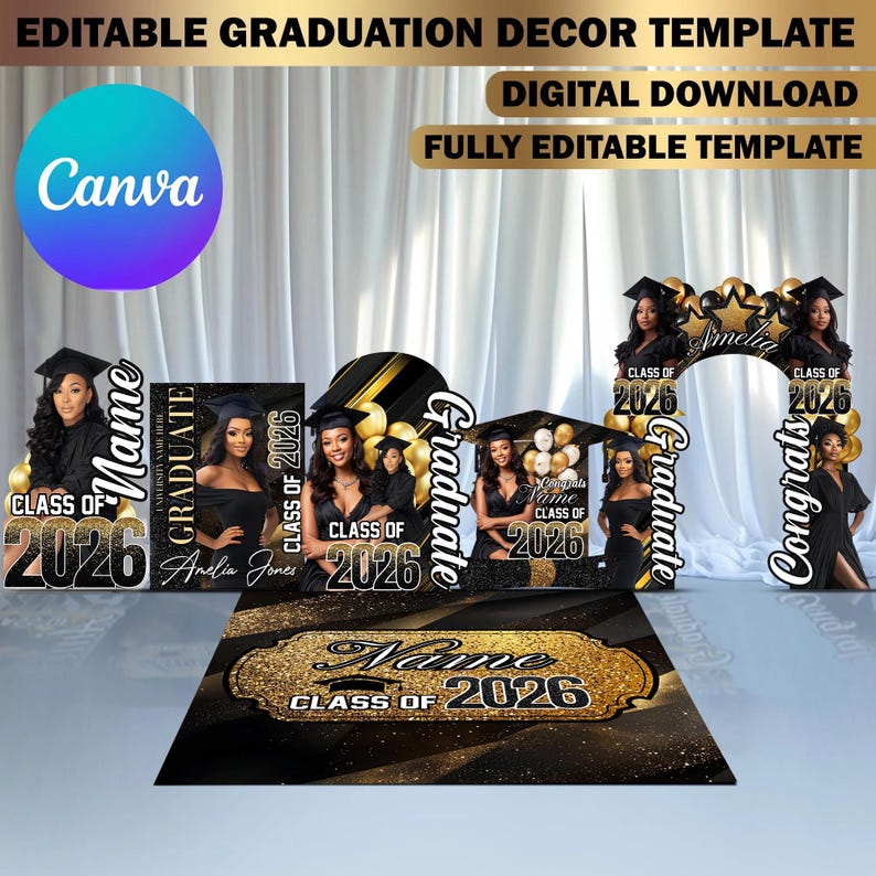 Custom Graduation Decor Canva Template Bundle, Name Cutout, Black Grad ...