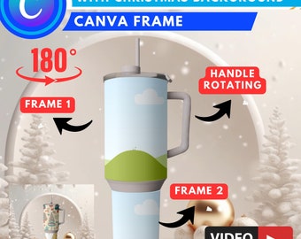 40oz Rotating Tumbler Mockup Canva Frame Template In Christmas Background, Easy Drag & Drop 180 Degree Rotation 40oz Tumbler Video Animation