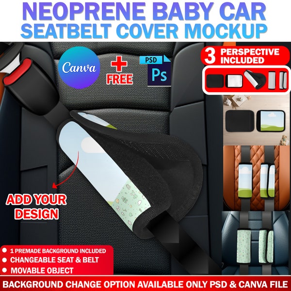 Canva Neoprene Car Seatbelt Cover Mockup For Sublimation, Seatbelt Cover Template, Insert Design & Background Via Canva Frame, Photoshop PSD