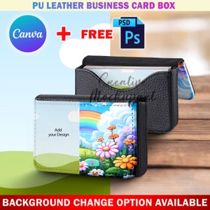 Canva PU Leder Visitenkarten Box Mockup für Sublimation, Vorder- und Rückansicht, Insert Design & Hintergrund über Canva Smart Frame und PSD