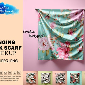 吊り下げシルクスカーフのモックアップ | スクエア吊り下げスカーフのモックアップ | 背景を変更し、Photoshop Smart PSD、Canva PNG & JPG で独自のデザインを追加
