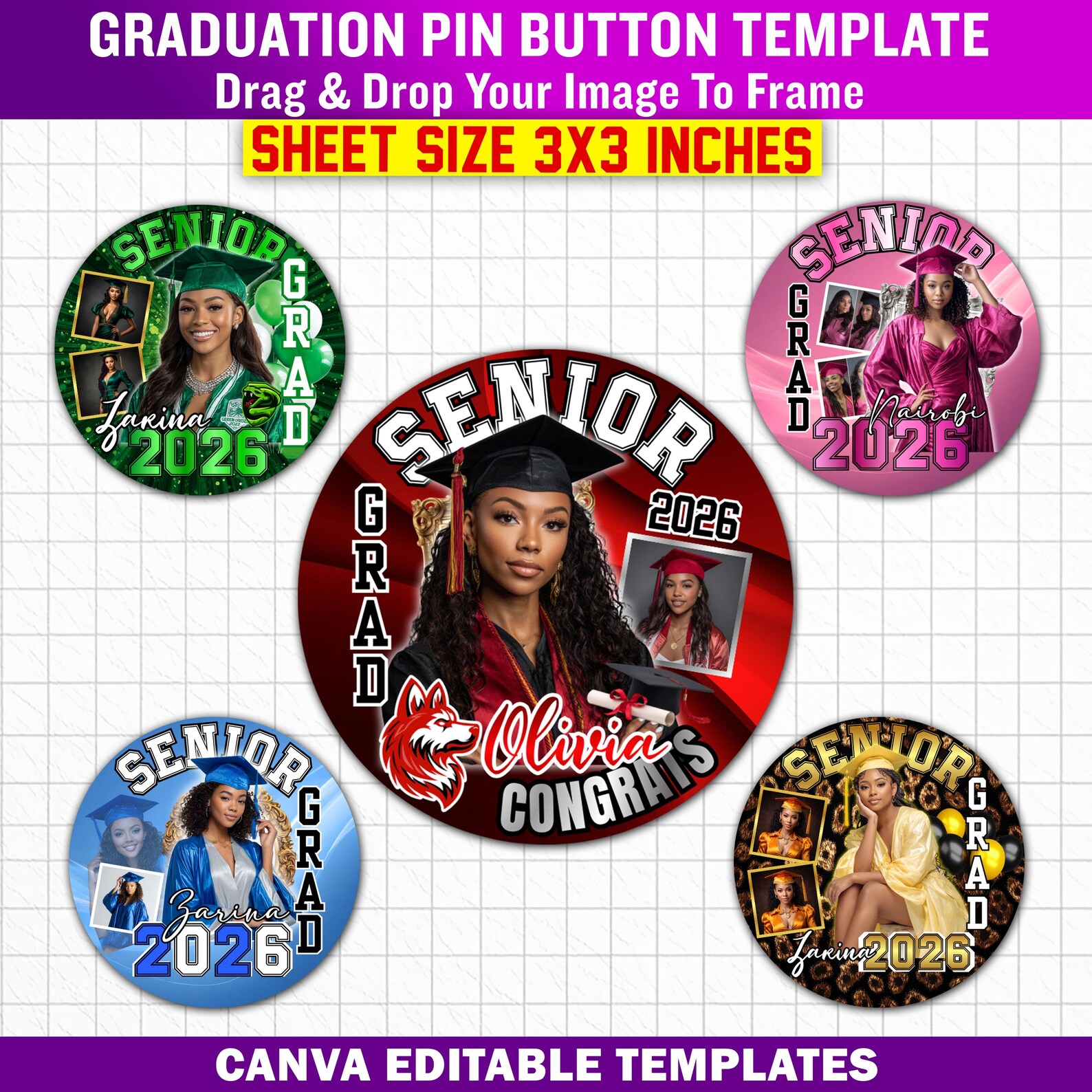 10 Graduation Pin Button Templates for Canva, Class of 2026 Senior ...