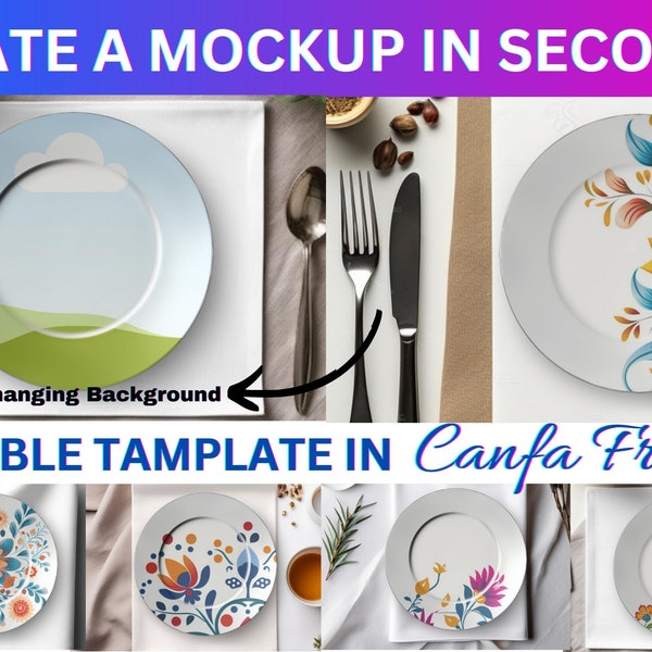 Dinner Plate Canva Frame Mockup For Dye Sublimation | White Plate Mockup, Kitchen Plate Mockup, Drag & Drop To Add Your Own Design