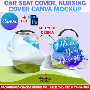 Canva カーシートカバー モックアップ、授乳用カバー モックアップ、ベビーカーシートカバー キャノピー モックアップ、PSD によるデザインと背景の追加、Canva フレーム