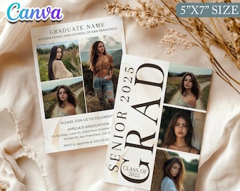Modelo de anúncio de formatura editável, cartão de formatura, anúncio de formatura de formatura para fotografia, modelo Canva para a turma de 2025