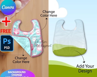Maquete de babador de bebê com moldura Canva, maquete de babador de pescoço de bebê plano, modelo Canva de babador fácil de arrastar e soltar, insira seu design e plano de fundo via PSD