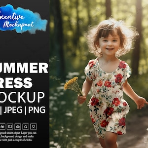 May include: A young girl wearing a white summer dress with a red floral pattern, walking on a path in a forest. She is holding a bunch of yellow flowers.