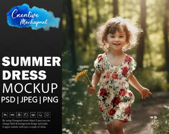 Kid's Summer Dress Mockup | Short Puff Sleeve Dress Mockup | Style Photography, Add your design Via Photoshop Smart PSD, Canva PNG & JPG