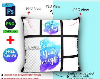 Maqueta de funda de almohada de 6 paneles con sublimación de tinta, maqueta de almohada rectangular de 6 paneles, inserta el fondo y el diseño mediante Photoshop PSD y Canva Frame.