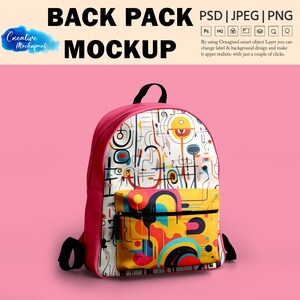 May include: A pink backpack with a white front pocket. The front pocket has a colorful abstract design with geometric shapes and lines. The backpack has a black zipper and black straps.