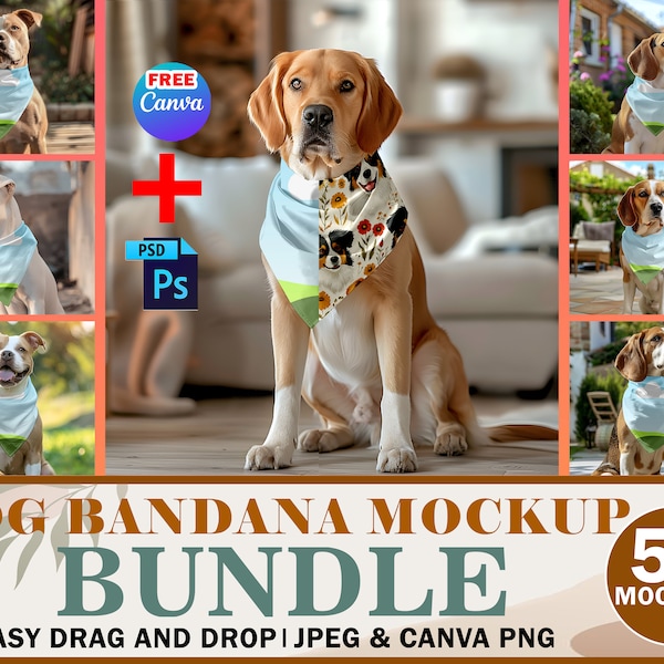 50x Dog Bandana Mockup Bundle, Pet Bandana Template, Bandana Collar Drag & Drop Easy Canva Frame And Photoshop PSD Mockup