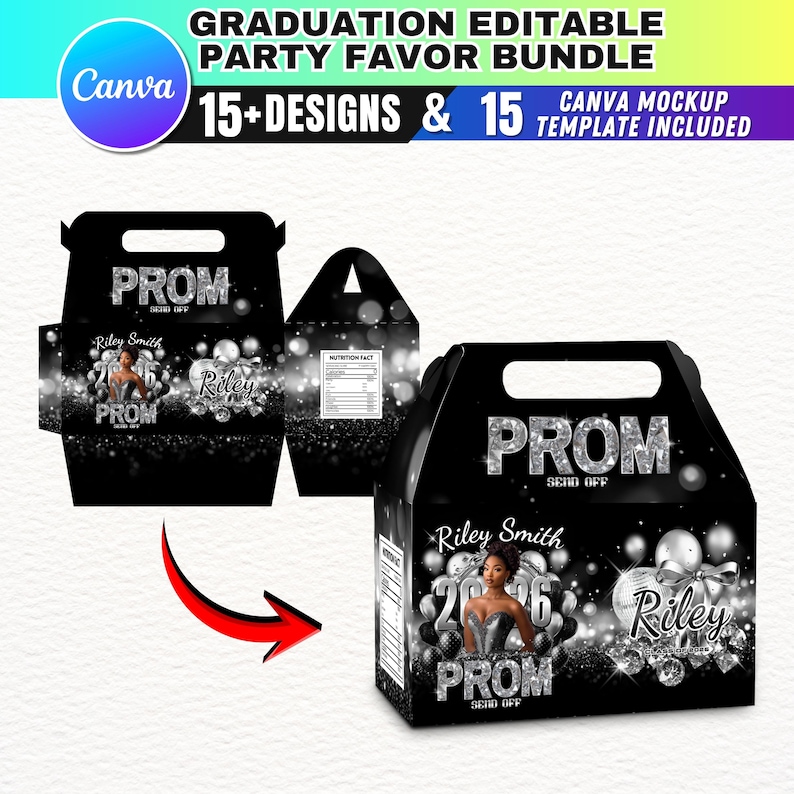 Silver Prom Box 15x Silver Prom Send off Treat Templates for Canva, Class of 2026 Chip ...
