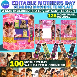 Mother&#39;s Day Vending Machine Template, Editable 8X10, 12x16 & 16x20 Rose and Gold Theme, MaMa Canva Vending Machine Template Money Panel PNG