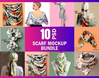 10 Scarf Mockup Bundle | Silk Scarf Mockup | Wrapped Scarf, Flat Lay Scarf Mockup | Insert  Design Via Photoshop Smart PSD, Canva PNG & Jpg
