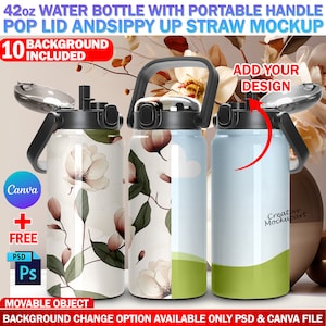 Maqueta de botella de agua Canva de 42 oz con asa portátil, tapa desplegable y pajita para sorber, diseño de inserción y fondo a través de marco de Canva y PSD