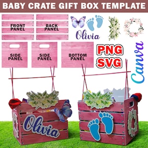 Crate Geschenkbox, benutzerdefinierte Crate Geschenkkorb Vorlage, Babypartykiste, Babypartykorb, Baby Geschenkkorb, Canva, SVG, PNG