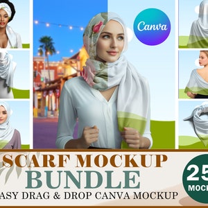Canva 25 スカーフ モックアップ バンドル | シルク スカーフ モックアップ Canva フレーム、ラップされたサテン シルク スカーフ モックアップ、ドラッグ アンド ドロップでデザインを Canva フレームに挿入