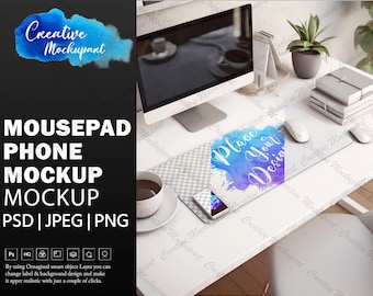 Musmatta med telefonmockup | Printify anpassningsbar DYE-sublimeringsskrivbordsmatta mockup | Spelmatta, skrivbordsmatta PSD Photoshop och Canva PNG mockup