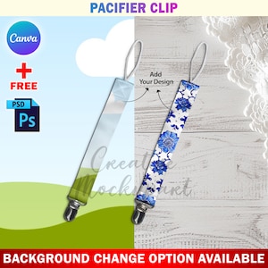 Canva Pacifier Clip Mockup For Dye Sublimation, Pacifier Holder Mockup, Insert Design & Background Via Smart Canva Frame And PSD