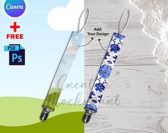 Canva Pacifier Clip Mockup For Dye Sublimation, Pacifier Holder Mockup, Insert Design & Background Via Smart Canva Frame And PSD