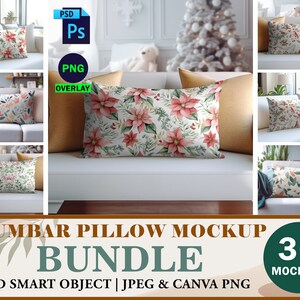 May include: A mockup bundle of three lumbar pillows with different floral patterns. The pillows are shown on a white couch with a gold throw pillow. The image includes the text "Lumbar Pillow Mockup Bundle" and "PSD Smart Object | JPEG & Canva PNG".