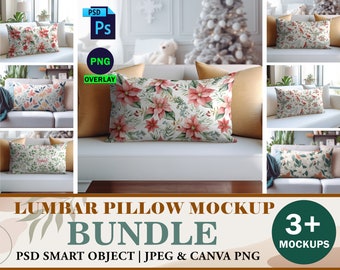 3 Lumbar Pillow Mockup Bundle, Rectangle Pillow Mockup, Back Pillow Mockup, Throw Pillow Mockup White Blank Pillow PSD Mockup, Bundle Mockup