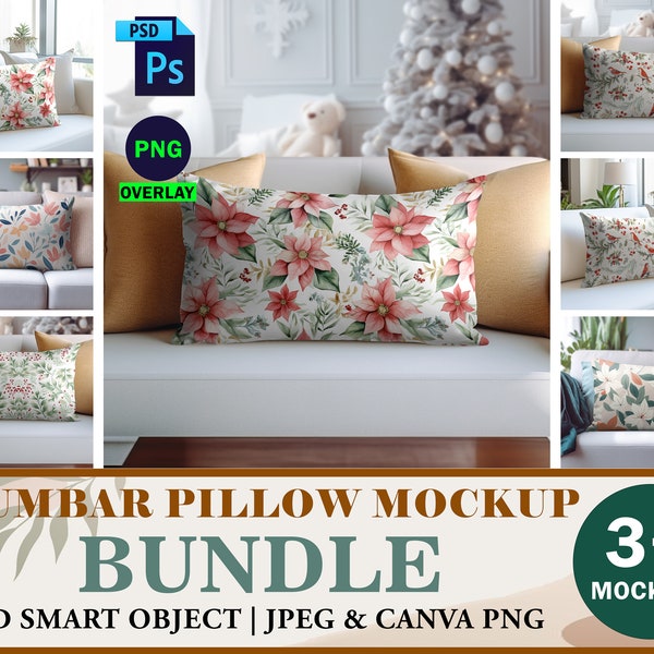 3 Lumbar Pillow Mockup Bundle, Rectangle Pillow Mockup, Back Pillow Mockup, Throw Pillow Mockup White Blank Pillow PSD Mockup, Bundle Mockup