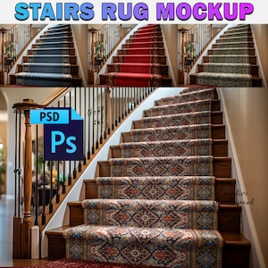 Stairs Rug Mockup | Stairs Treads Mockup, Step Rugs, Stair mat Mockup, Stair Decor, Carpet Stair Rug Mockup | Insert Design Via PSD, PNG