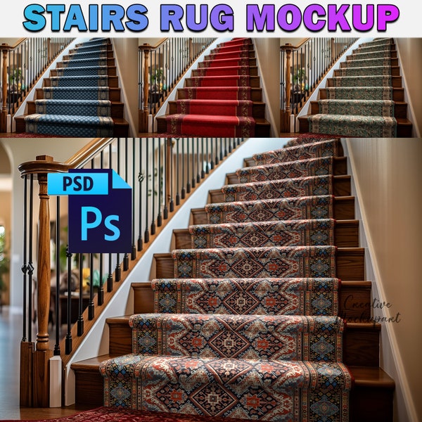 Stairs Rug Mockup | Stairs Treads Mockup, Step Rugs, Stair mat Mockup, Stair Decor, Carpet Stair Rug Mockup | Insert Design Via PSD, PNG