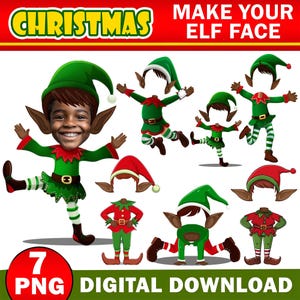 Afro American DIY Elf Yourself PNG, Christmas Add Your Own Photo Face, Elf Face Blank Bundle, Xmas Craft for Kids Xmas Bulletin Board  Decor