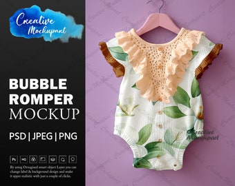 Short Sleeve Bubble Romper Mockup V2 | Baby Jumpsuit, Bodysuit, Onesie Mockup| Add your own design Via Photoshop PSD Object, Canva PNG & JPG