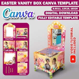 Op de afbeelding: Een roze en gele paas-sierdoos met een spiegel en lampjes. De doos heeft een bloemenpatroon en afbeeldingen van paaseieren, konijnen en kinderen. De doos is verkrijgbaar in drie maten: 8,5 x 11 inch, 13 x 19 inch en 16 x 20 inch. De tekst "Easter Vanity Box Canva Template" staat bovenaan de afbeelding. De tekst "Canva" staat in een groot lettertype bovenaan de afbeelding. De tekst "Digitale download" staat in een kleiner lettertype onder de tekst "Canva". De tekst "Volledig bewerkbare sjabloon" staat in een kleiner lettertype onder de tekst "Digitale download". De tekst "Video tutorial inbegrepen" staat aan de rechterkant van de afbeelding.