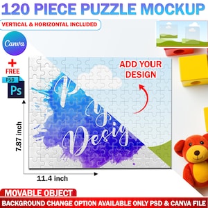 Może przedstawiać: Makieta puzzli 120-elementowych z tekstem "Add Your Design". Puzzle ma 29 cm szerokości i 20 cm wysokości. Projekt na puzzlach przedstawia niebiesko-fioletowy efekt akwareli ze słowem "Design".