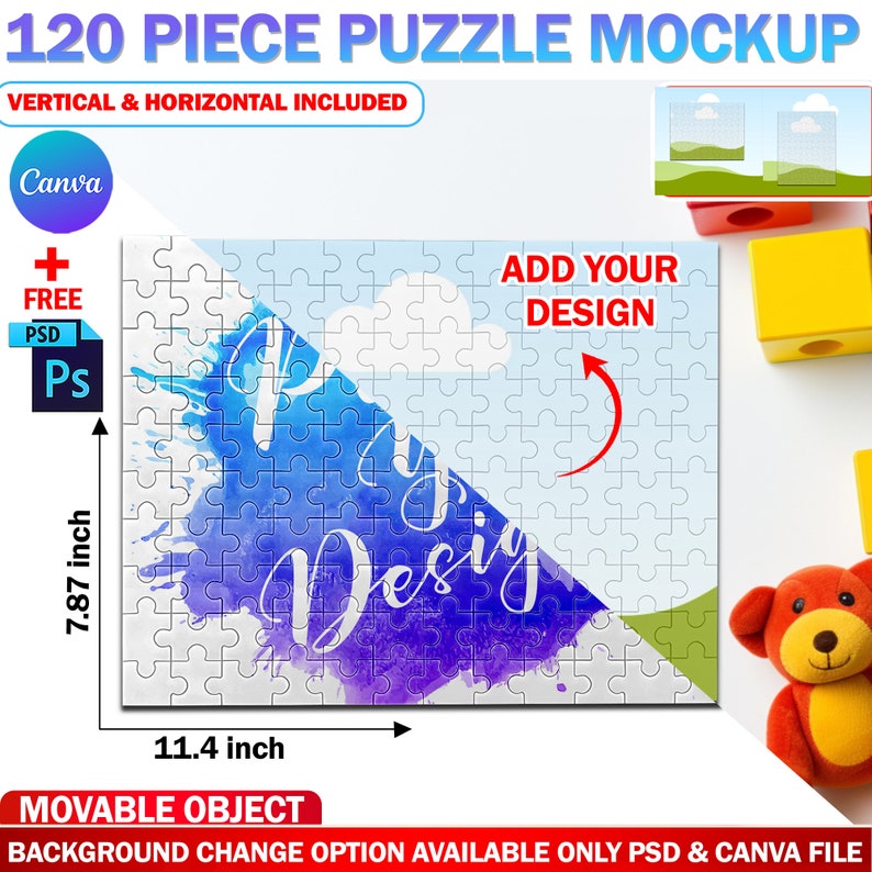 May include: A 120-piece puzzle mockup with the text "Add Your Design". The puzzle is 11.4 inches wide and 7.87 inches tall. The design on the puzzle features a blue and purple watercolor effect with the word "Design".