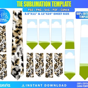May include: A digital tie sublimation template featuring PSD, PNG, SVG, PDF, and Canva file formats. The design includes 8.5"x11" and 12"x24" sheet sizes with leopard print patterns and a blue sky with clouds and green grass landscape graphics.