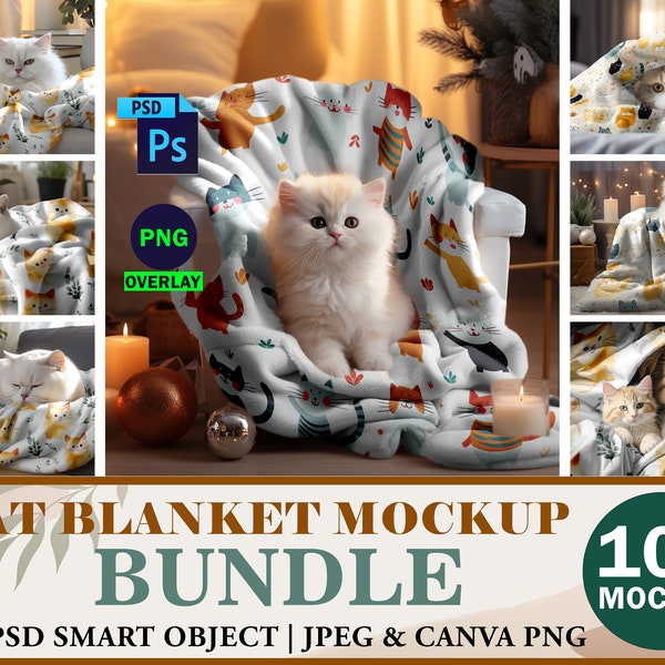 PSD Cat Blanket  Mockup Bundle, 10 Flappy Kitty Blanket Mockup, Pet Blanket Mockup, Velveteen Plush Blanket Mock Up With Kitty, PSD, PNG Jpg