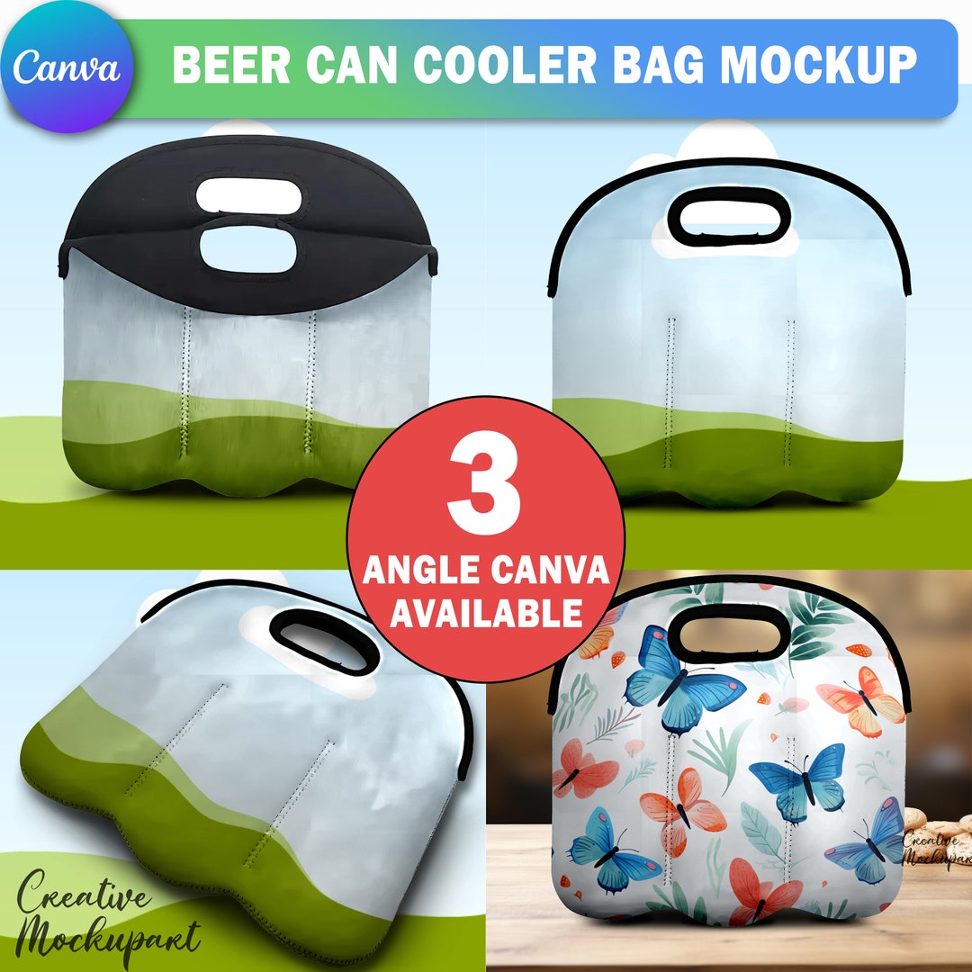 Dye Sublimation Canva Beer Can Cooler Bag Mockup, Neoprene 3 Bottles Can Coolers Bag Mockup
