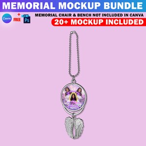May include: A silver car charm featuring a round photo frame and angel wings. The photo frame displays a picture of a woman against a purple background with clouds. The text "Forever in Our Hearts" is printed on the frame.