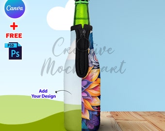 Canva Neoprene Beer Cover Bottle Cooler Sleeve With Zipper Mockup For Sublimation, Insert Design & Background Via Smart Canva Frame And PSD