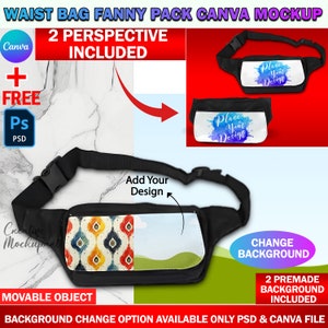 Könnte beinhalten: Ein schwarzer Bauchtasche oder Gürteltasche Mockup mit einem bunten geometrischen Muster auf der einen Seite und einer grünen Landschaft auf der anderen Seite. Der Text "Add Your Design" ist auf dem Bild sichtbar. Die Tasche befindet sich auf einem weißen Marmor Hintergrund.
