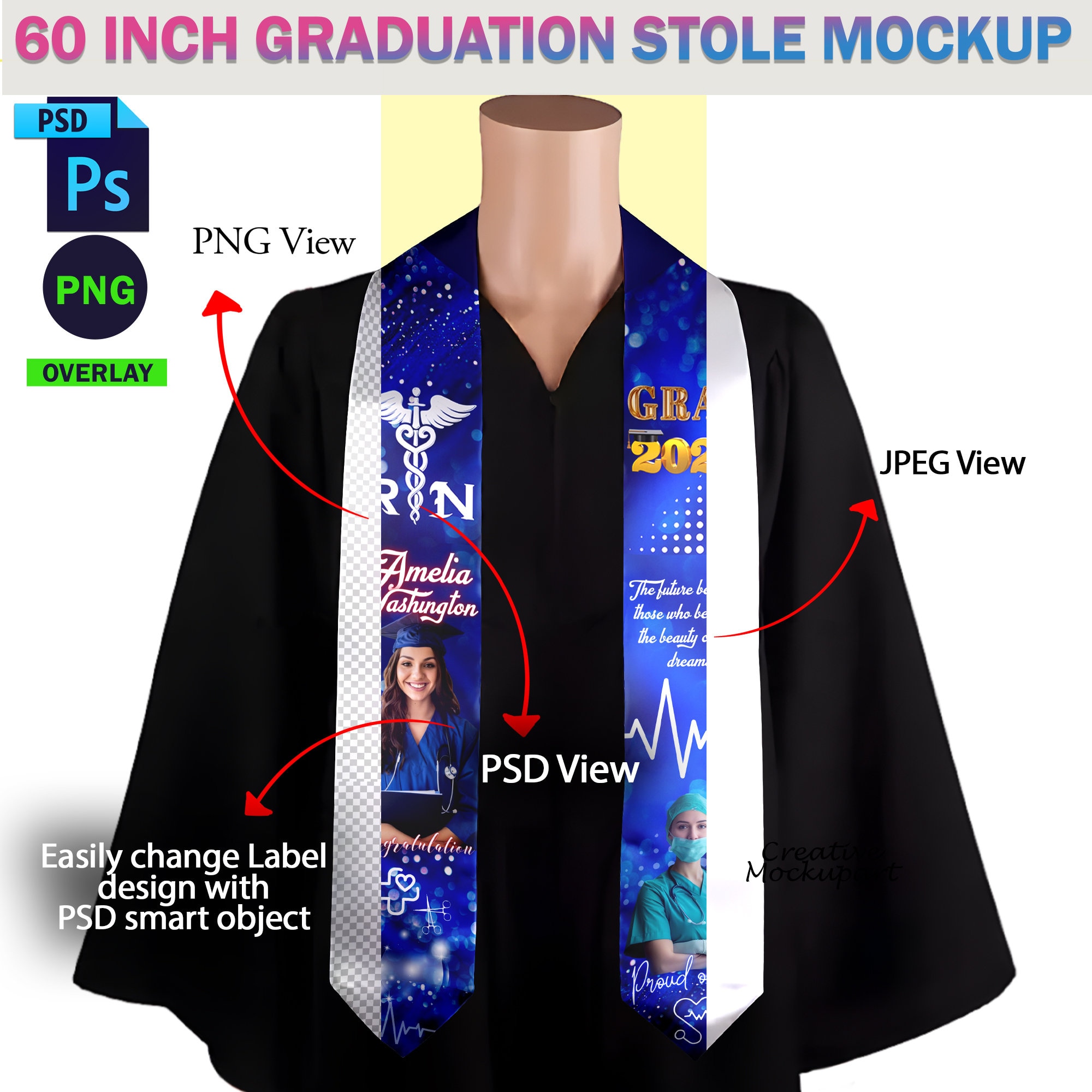 60 Inch Graduation Stole Mockup, Insert Your Own Design and Change