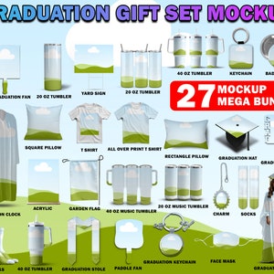 Canva Graduation Gift Set Mockup Bundle For Sublimation, Grad Stole, Fan, Pin, Tumbler, Insert Your Design & Background Via Canva Frame, PSD