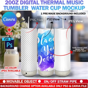 20oz Digital Thermal Music Skinny Tumbler Mockup, 20oz Tumbler Mockup, Change Speaker Color, Background Add Design Via PSD Canva Frame