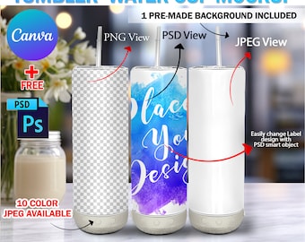 Maqueta de vaso flaco de música térmica digital de 20 oz, maqueta de vaso de 20 oz, cambiar color de altavoz, fondo agregar diseño a través del marco PSD Canva