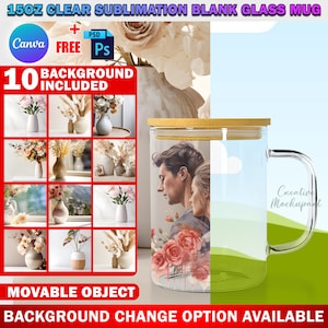 May include: A clear glass mug with a wooden lid, featuring a sublimation design of a couple's portrait. The mug is 15 ounces and comes with 10 background options. The text "Creative Mockupant" is visible on the mug.