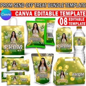 Könnte beinhalten: Ein Satz von 8 editierbaren Vorlagen für ein Abschiedsgeschenk-Paket zum Abschlussball. Die Vorlagen haben ein gold-grünes Farbschema mit einem Foto einer Person in einem Abschlussballkleid. Die Vorlagen beinhalten Etiketten für eine Vielzahl von Artikeln, wie z. B. Taschen, Chips, Saftboxen, Wasserflaschen und Schokoriegel. Der Text auf den Vorlagen lautet "Makairah Prom Send Off 2025".