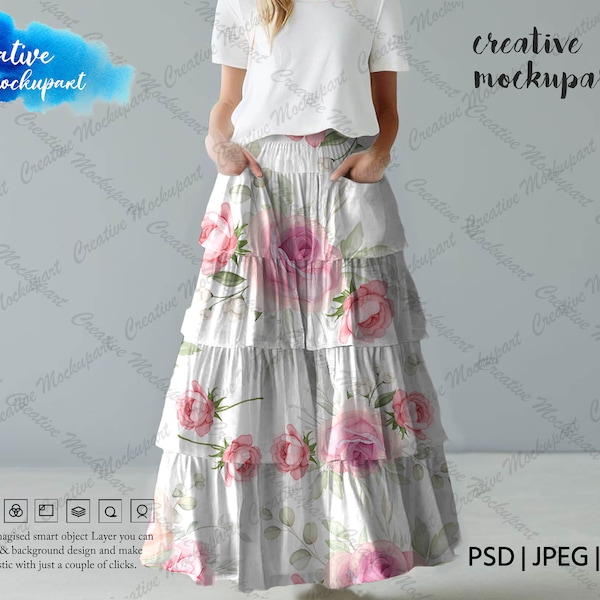 Tiered Pocket Maxi Skirt Mockup | Long Tiered Skirt Mock Up, Fancy Summer Skirt mockup| Add your own design Via Photoshop PSD, PNG JPEG