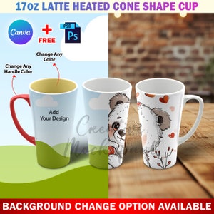 Canva 17oz Latte Heated Cup Mockup For Sublimation, Ceramic Cone Shape Coffee Mug Mockup, Insert Own Design & Background Via Canva Frame PSD